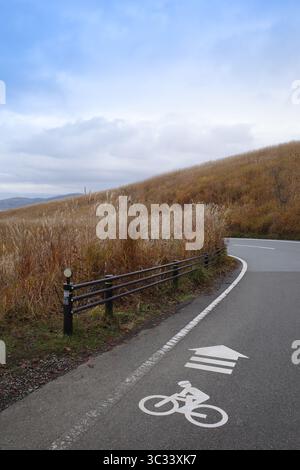 Curved Bicycle Lane Through Autumn Grass Hills Under Cloudy Sky Stock Photo