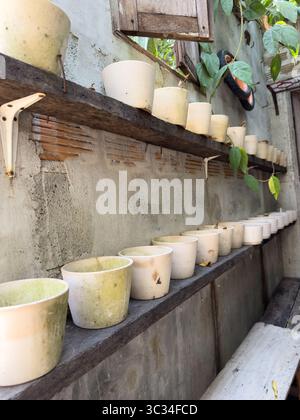 Flower pots. Vintage flower pots on wooden shelf. Stock Photo