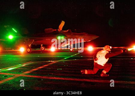 March 7, 2021 - (null), (null), USA - F-35 test pilot U.S. Marine Maj. Brad Leeman prepares to launch for a night lighting evaluation flight in an F-35B short takeoff and vertical landing (STOVL) variant of the jet aboard Italian aircraft carrier ITS Cavour (CVH 550). The Air and Test Evaluation Squadron (VX) 23 pilot is embarked with the F-35 Patuxent River Integrated Test Force (ITF) for sea trials on the Italian Navy flagship. Cavour is in phase one of its "Ready for Operations" campaign to certify its use of the fifth-generation fighter aircraft. (Credit Image: © U.S. Navy/ZUMA Wire/ZUMAPR Stock Photo
