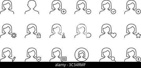 User Profile Management Icon Set. User Interaction, Privacy, And Account Settings Outline Symbol Collection. Add, Remove, Edit And Security Concept Stock Vector