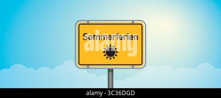 german text summer vacation on yellow sign on blue sky background vector illustration Stock Vector