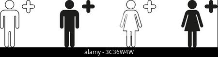 Male And Female With Plus Sign Icon Set. Gender Representation And Addition Concept Outline And Silhouette Symbol Collection. Healthcare And Social Stock Vector