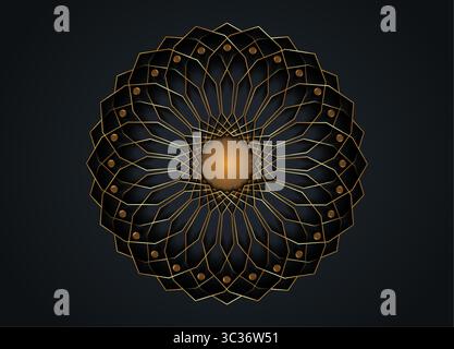 Gold Luxury Sacred Mandala template. Flower round design element isolated on black background. Circle pattern in golden color. Vector illustration Stock Vector