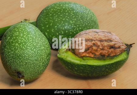 Walnut Juglans regia with green husk cut away to reveal the familiar hard-shelled nut inside - UK Stock Photo