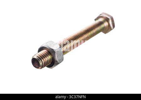 Close-up of large steel screw with bolt, isolated on white background. Stock Photo