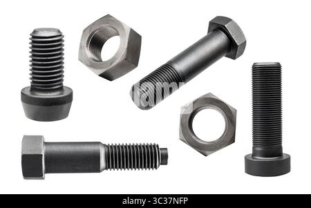 Variety of large black steel screws and bolts, isolated on white background. Stock Photo