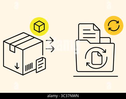 Logistics Delivery and File Sync Icon Set Package Box, Document Transfer, and Folder Update Vector Stock Vector