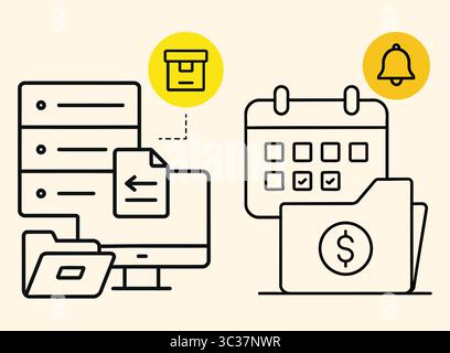 File Archive and Billing Calendar Icons Document Storage, Payment Reminder, and Folder Vector Set Stock Vector