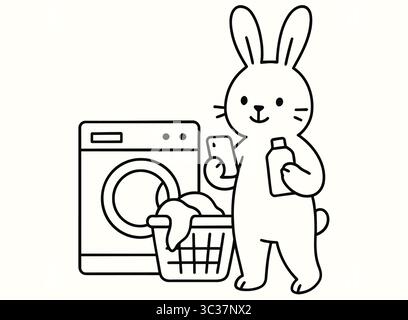 Cute Bunny Doing Laundry with Phone Minimalist Line Art Illustration Stock Vector