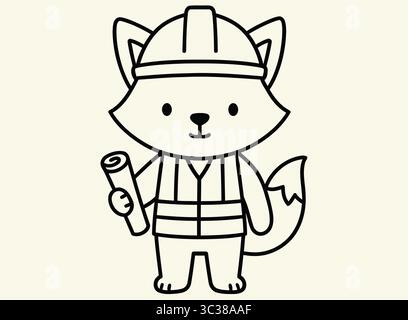 Cute Line Art Fox Dressed as Construction Worker with Helmet and Blueprint Stock Vector