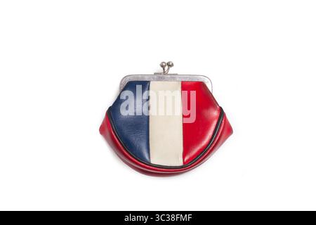 A red, blue and white coin purse on a white background Stock Photo