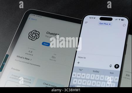New York, USA - July 18, 2025: Create promt how to in ChatGPT on smartphone screen close up on tablet background Stock Photo