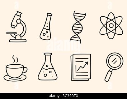 Minimal Science Icon Set Lab, Research, DNA, and Education Line Art Collection Stock Vector
