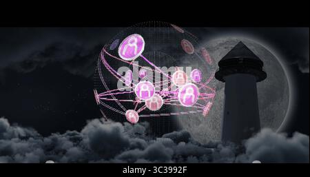 Floating pink icon globe with links above coastal clouds at night under full moon, with lighthouse Stock Photo