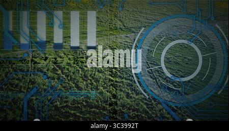 Displaying circular HUD element monitoring forest canopy, with circuits and bar chart, copy space Stock Photo