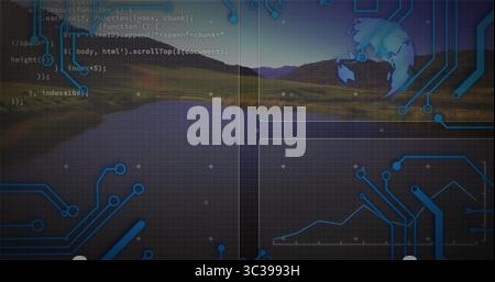 Displaying mountain lake at lakeside dusk, with overlaid code snippets, circuit nodes and UI icons Stock Photo