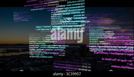 Floating JavaScript and HTML code snippets drifting across dusk cityscape, with dark rooftops Stock Photo