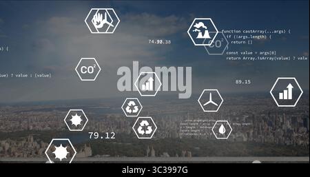 Displaying data icons hovering over urban skyline, with recycling and CO2 readouts Stock Photo