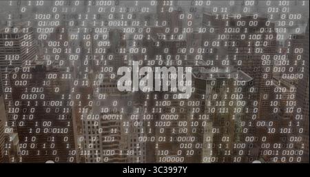Revealing hazy city skyline through high-level window, with binary digit overlay on glass pane Stock Photo