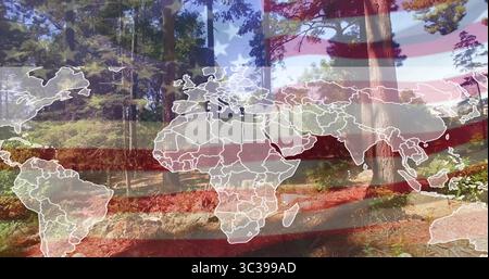 Displaying white outline world map overlay across pine forest scene with American flag stripes Stock Photo