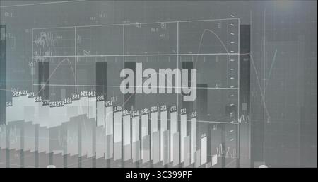 Displaying layered 3D bar charts and line graph overlays on gridded dashboard with numeric axes Stock Photo