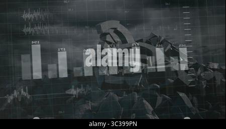 Displaying shattered gears on rubble in digital grid interface, with bar charts and line graphs Stock Photo