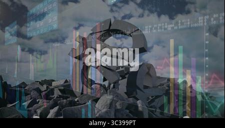 Displaying shattered stone currency symbol in rocky terrain, with floating bar charts, data panels Stock Photo