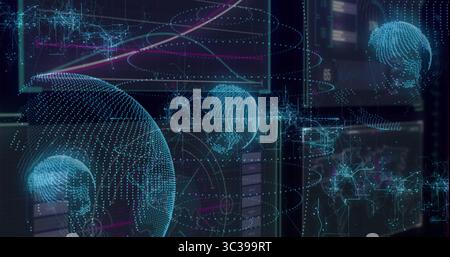 Displaying large 3D globe floating in tech interface, orbiting rings and connectors, copy space Stock Photo