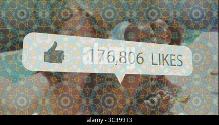 Floating bubble displaying 176,806 likes on smartphone with thumbs-up icon and mosaic overlay Stock Photo