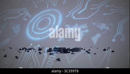 Displaying holographic interface hovering over grid in virtual simulation, with digital map overlay Stock Photo