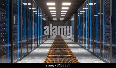 Network servers in data center blue glowing lights 3d Stock Photo
