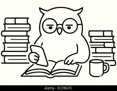 Funny Studying Owl Illustration Tired Book Lover Line Art Stock Vector