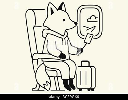 Minimalist Line Art Fox Taking a Selfie on Airplane Seat with Luggage Stock Vector