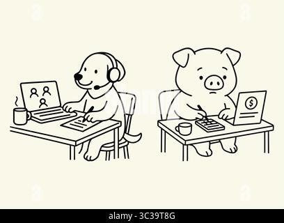 Minimalist Animal Job Illustration Dog as Support Agent & Pig as Financial Analyst Stock Vector