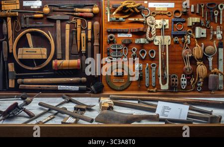 Shipbuilder��s tools and ship building utensils in the Visserijmuseum / Fishery Museum in the harbour of Breskens, Sluis, Zeeland, Netherlands Stock Photo