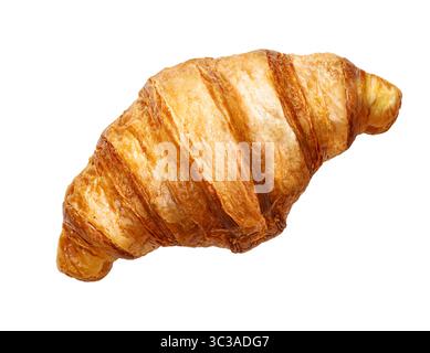 A croissant, delicious pastry of French cuisine baked in the oven, is depicted on a white background, top view. Stock Photo