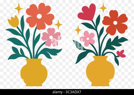 . Colorful Floral Vase Duo with Sparkles Modern Flat Flower Bouquet Illustration Stock Vector