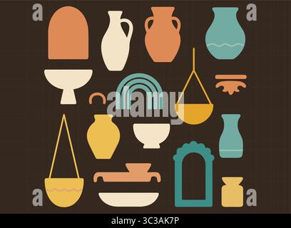 Boho Home Decor Vector Set Minimalist Vases, Pots, Planters, Rainbows, and Wall Art Stock Vector