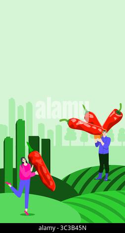 People hold Aleppo pepper or Halaby pepper. Harvest season. Vertical banner. Isolated vector illustration. Stock Vector