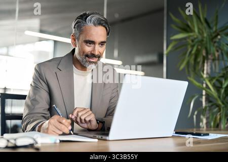 Busy middle aged business man looking at laptop working in office. Stock Photo