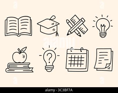 Minimalist Education Icon Set School, Learning, and Study Line Art Collection Stock Vector