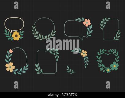 Editable Floral Frame & Speech Bubble Set Hand-Drawn Flower Wreaths and Quote Borders Stock Vector