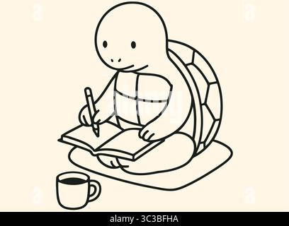 Cute Turtle Journaling Mindful Productivity Animal Line Art Illustration Stock Vector