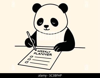Cute Panda Weekly Planner Productivity Animal Line Art Illustration Stock Vector