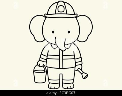 Cute Line Art Elephant Firefighter Character with Helmet, Bucket, and Flashlight Stock Vector