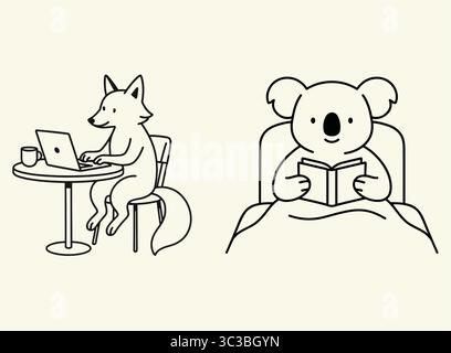 Work and Rest Animal Illustration Fox on Laptop and Koala Reading in Bed Stock Vector