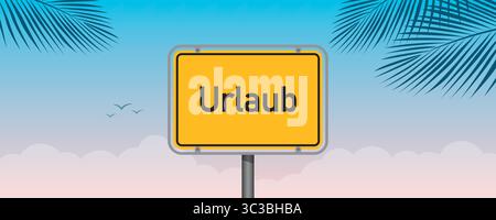 german text vacation on yellow sign on blue sky background with palm leaves vector illustration Stock Vector