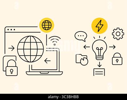 Technology and Innovation Icon Set Global Internet, Idea Lightbulb, Analytics & Cybersecurity Vector Stock Vector