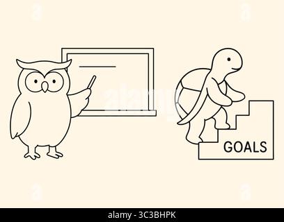 Cute Animal Motivation Owl Teacher and Turtle Reaching Goals Line Art Stock Vector