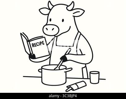 Cute Cow Cooking with Recipe Book Minimalist Line Art Illustration Stock Vector